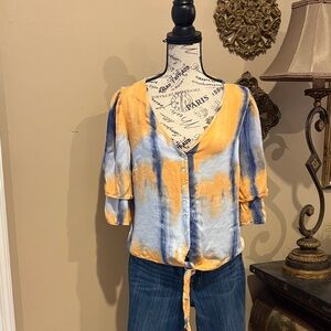 Given Kale Blouse 3/4 Sleeve Tie-Dye Button-Up Women Top Sz M